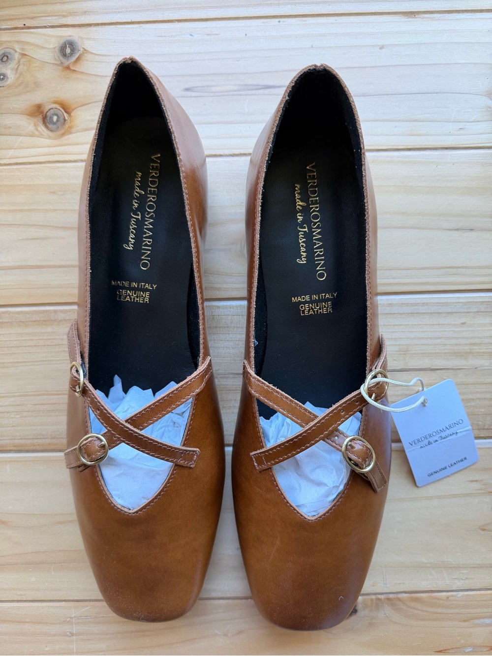Verderosmarino Tuscany Leather Mary Jane Ballet Flats Cognac Brown Size 41 NWT